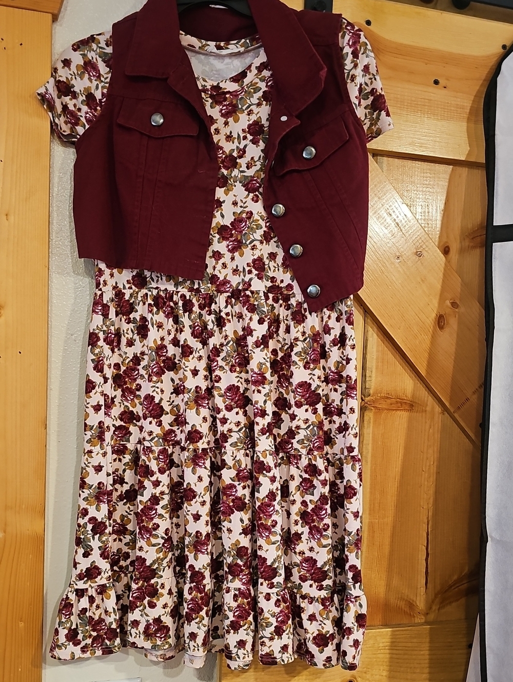 Knitworks Cream Floral Dress with Burgundy Vest